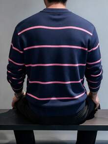 Men's Colorblock Striped Crew Neck Knit Sweater, Casual Retro Long Sleeve Pullover - Navy Blue - View 5