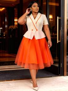 Plus Size Beige & Orange Colorblock Midi Dress, Short Sleeve Ruffle Waist, Mesh Overlay, A-Line Silhouette, Elegant Commute, Party, Graduation Dress - Apricot - View 3