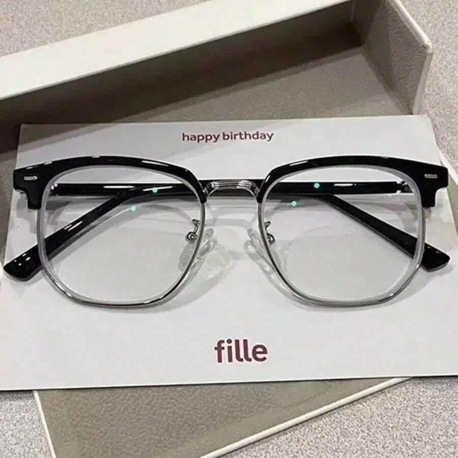 1pc Men's Metal Half-Frame Square Glasses, Casual Lightweight Transparent Eyewear, Suitable For Daily Outfit Decoration And Travel Accessory - Clear - View 1