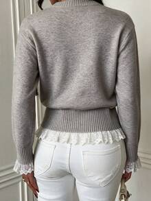 Fall/Winter Sweet Patchwork Contrast Color Lace Trim Knit Cardigan Women's New Round Neck Tie Front Soft Cute Tops - Grey - View 8