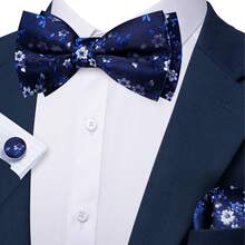 5Pcs Men Royal Blue Small Floral Jacquard Bow Tie Pocket Square Cufflinks Ring Boutonniere Set, Cufflinks Pattern Random For Wedding - Royal Blue - View 4
