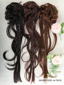 Synthetic 20Inch Messy Bun Wavy Ponytail Hair Extension With Braids, Elastic Hair Tie Chignon Ponytail, Natural Looking Braided Hairpiece Strands For Girls Daily Party - Multicolor - View 4