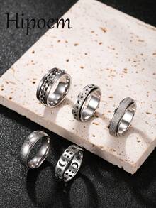 Hipoem 5pcs Fashion Stainless Steel Men's Ring Set With Embossed Chain Star Moon Matte Honeycomb Elements Suitable For Daily Wear Halloween Atmosphere Accessories - Silver - View 1
