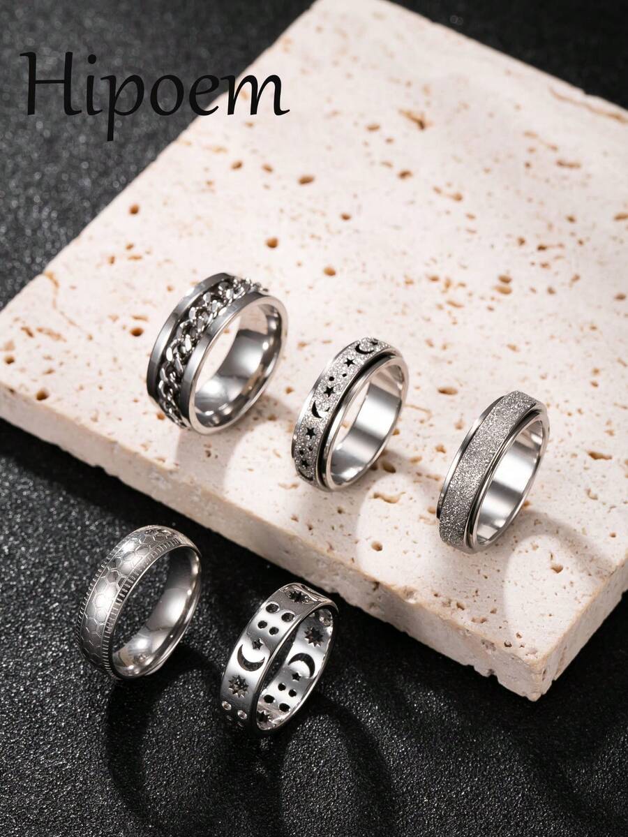 Hipoem 5pcs Fashion Stainless Steel Men's Ring Set With Embossed Chain Star Moon Matte Honeycomb Elements Suitable For Daily Wear Halloween Atmosphere Accessories - Silver - View 1