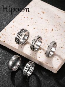 Hipoem 5pcs Fashion Stainless Steel Men's Ring Set With Embossed Chain Star Moon Matte Honeycomb Elements Suitable For Daily Wear Halloween Atmosphere Accessories - Silver - View 7