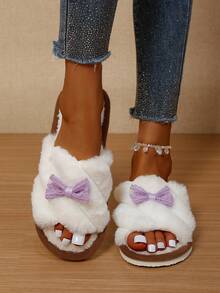 Purple Bow Open Toe Plush Slippers Women Autumn/Winter Indoor Warm Fuzzy Slippers - Purple - View 8