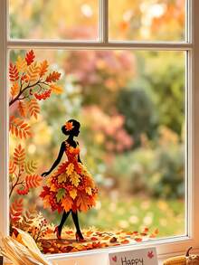 Autumn Leaf Dancer Silhouette Window Sticker, Glue-Free PVC Static Cling Decal, Creative Aesthetic Maple Leaf Butterfly Glass Sticker, Autumn Atmosphere Art Window Decal - Multicolor - View 4