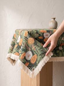 1pc Green Background Vintage Autumn Dandelion Jacquard Tablecloth, Natural Rustic Style Jacquard Fabric Square Beige Tassel Edge Detail Stain-Resistant Protective Desktop Functional Home Dining Table Cloth Suitable For Daily Home Use And Natural Table Setting Scenes - Green - View 10