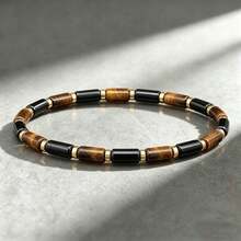 Tiger Eye & Black Agate Tube Bead Bracelet, Symbol Of Wealth, Attracting Prosperity And Opportunity, Handmade Elastic Cord Spiritual Jewelry, Suitable For Daily Wear And Gifting - Multicolor - View 3