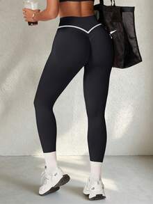 1pc Women's Seamless Contrast Color Elastic High Waist Tummy Control Butt Lift Shaping Casual Sports Long Pants - Black and White - View 6