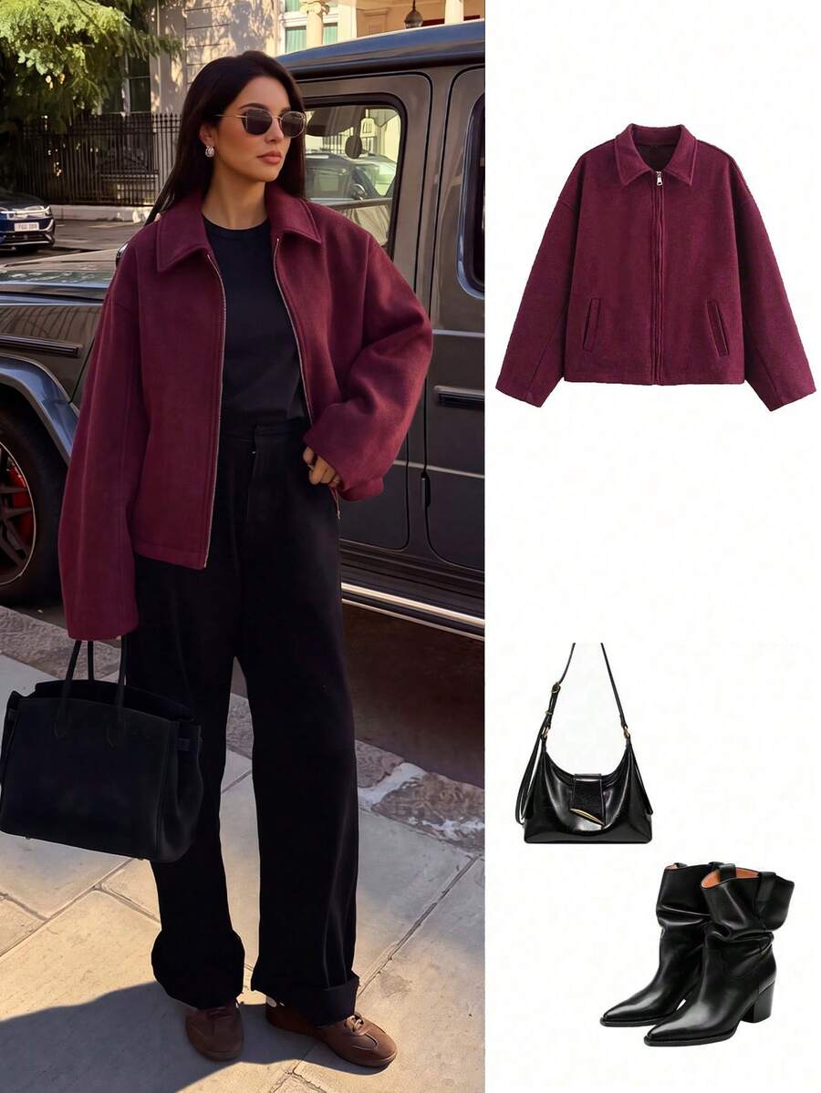 Women's Fashion Minimalist Versatile Commuting Zipper Wool Coat - Red Violet - View 1
