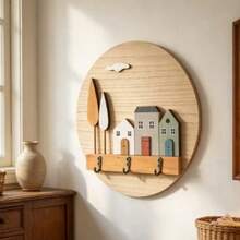 1pc Wooden Key Holder Wall Decor, Handmade Assembled Craft, Cute 2D House Tree Cloud Pattern, Round Wall Mounted With Metal Hooks, All Season, For Entryway Hallway Home Wall Key Storage Ornament - Multicolor - View 5