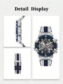 GUESS Men's Large Dial Hollow Multi-Function Chronograph Watch, Dual-Tone Breathable Strap, Street Outdoor Fashion Watch GW0486G1 - Blue - View 7