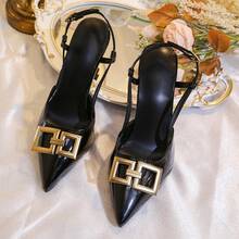 1 Pasang Sepatu Hak Tinggi Wanita, Serbaguna untuk Musim Semi/Musim Gugur, Gaya Glamor Seksi dan Modis, Warna Polos PU dengan Dekorasi Logam Murni, Cocok untuk Pernikahan, Kantor, Pesta, Musim Semi/Panas/Musim Gugur/Musim Dingin, 1 Pasang Sandal Hak Tinggi, Bahan PU Cermin Warna Polos + Dekorasi Gesper Persegi Emas, Desain Bertali, Sandal Wedges Elegan Hak Tinggi Stiletto Ujung Lancip, Cocok untuk Pesta, Belanja, Perjalanan, Liburan, Pakaian Luar Ruangan, Gaya Baru Musim Panas (Ukuran Lebih Kecil Satu Ukuran) - Hitam - View 2