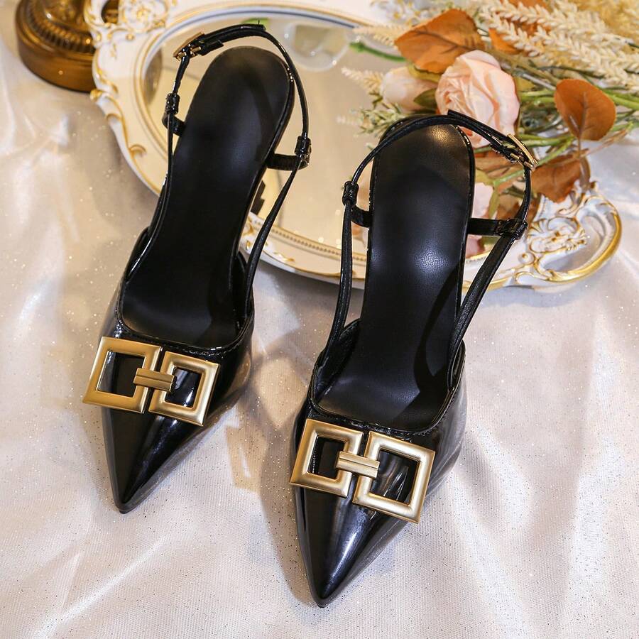 1 Pasang Sepatu Hak Tinggi Wanita, Serbaguna untuk Musim Semi/Musim Gugur, Gaya Glamor Seksi dan Modis, Warna Polos PU dengan Dekorasi Logam Murni, Cocok untuk Pernikahan, Kantor, Pesta, Musim Semi/Panas/Musim Gugur/Musim Dingin, 1 Pasang Sandal Hak Tinggi, Bahan PU Cermin Warna Polos + Dekorasi Gesper Persegi Emas, Desain Bertali, Sandal Wedges Elegan Hak Tinggi Stiletto Ujung Lancip, Cocok untuk Pesta, Belanja, Perjalanan, Liburan, Pakaian Luar Ruangan, Gaya Baru Musim Panas (Ukuran Lebih Kecil Satu Ukuran)