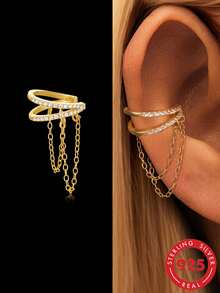 1Pc 925 Sterling Silver Chain Dangle Ear Cuff Gold Tone No Piercing Wrap Ear Cuff With Tassel Chain Sparkling Jewelry For Daily Party Wedding Gift - Gold - View 1
