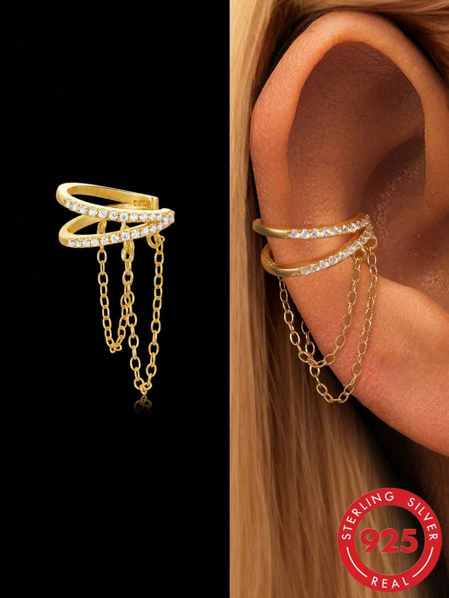 1Pc 925 Sterling Silver Chain Dangle Ear Cuff Gold Tone No Piercing Wrap Ear Cuff With Tassel Chain Sparkling Jewelry For Daily Party Wedding Gift - Gold - View 1
