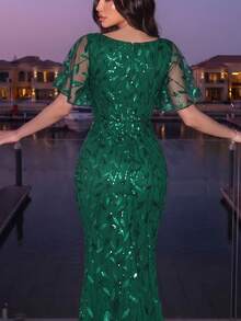 EVERPRETTY Sequin Elegant Ruffle Sleeve Mermaid Dress In Dark Green, Suitable For Wedding Guests - Dark Green - View 4