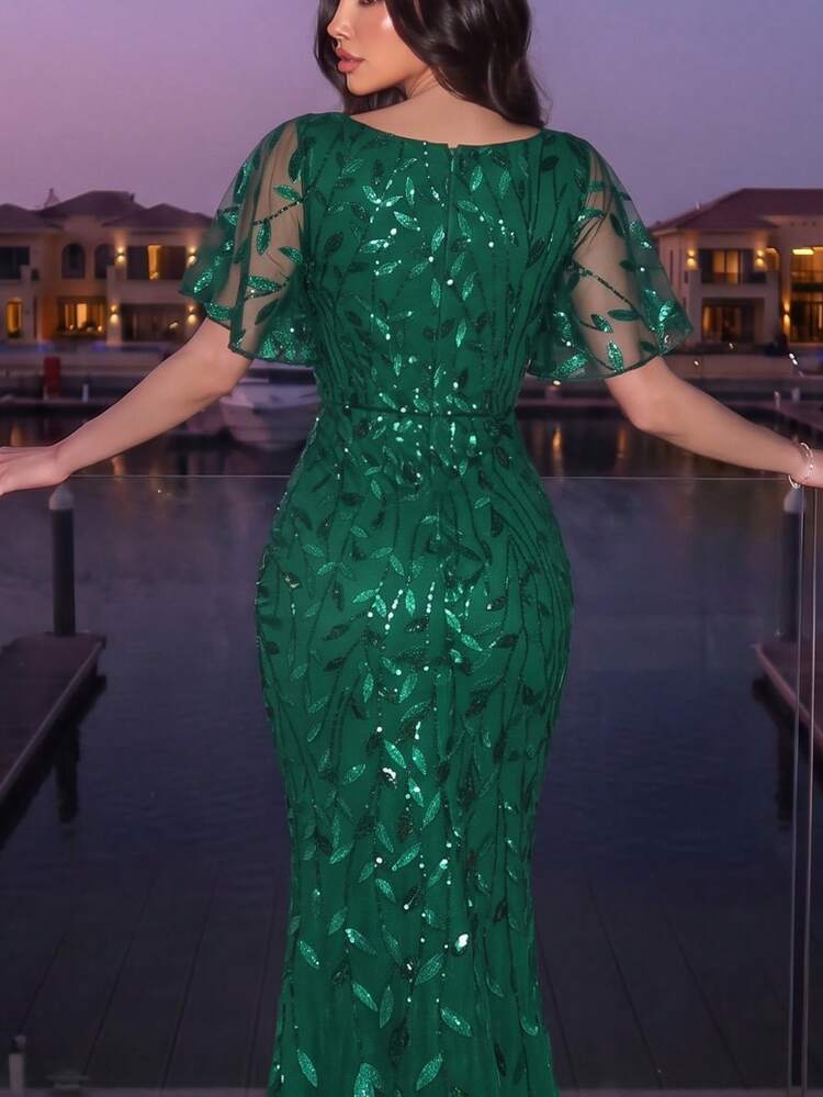 EVERPRETTY Sequin Elegant Ruffle Sleeve Mermaid Dress In Dark Green, Suitable For Wedding Guests - Dark Green - View 4