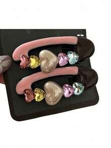 1pc Pink Heart-Shaped Hair Clip, Cute Girl Bangs Clip With Oil Painted Crystal Edge, Forehead Hair Accessory - Multicolor - View 6