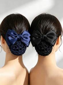 2pcs Hotel Bank Nurse Flight Attendant Bun Hair Clips, Professional Hair Accessories, Large Bow Hair Clips With Net - Multicolor - View 1
