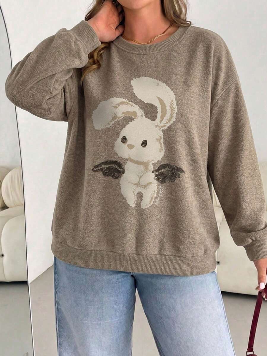 Sweater Wanita Ukuran Besar, Motif Kelinci, Pakaian Wanita Nyaman untuk Musim Gugur/Dingin, Lengan Panjang, Kerah Bulat - Khaki - View 1