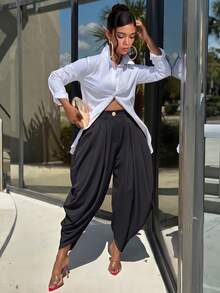 Black High-Waist Pleated Harem Pants, Asymmetrical Ruched Ankle Length Trousers, Loose Hip-Covering Women's Casual Street Style Long Pants - Black - View 1