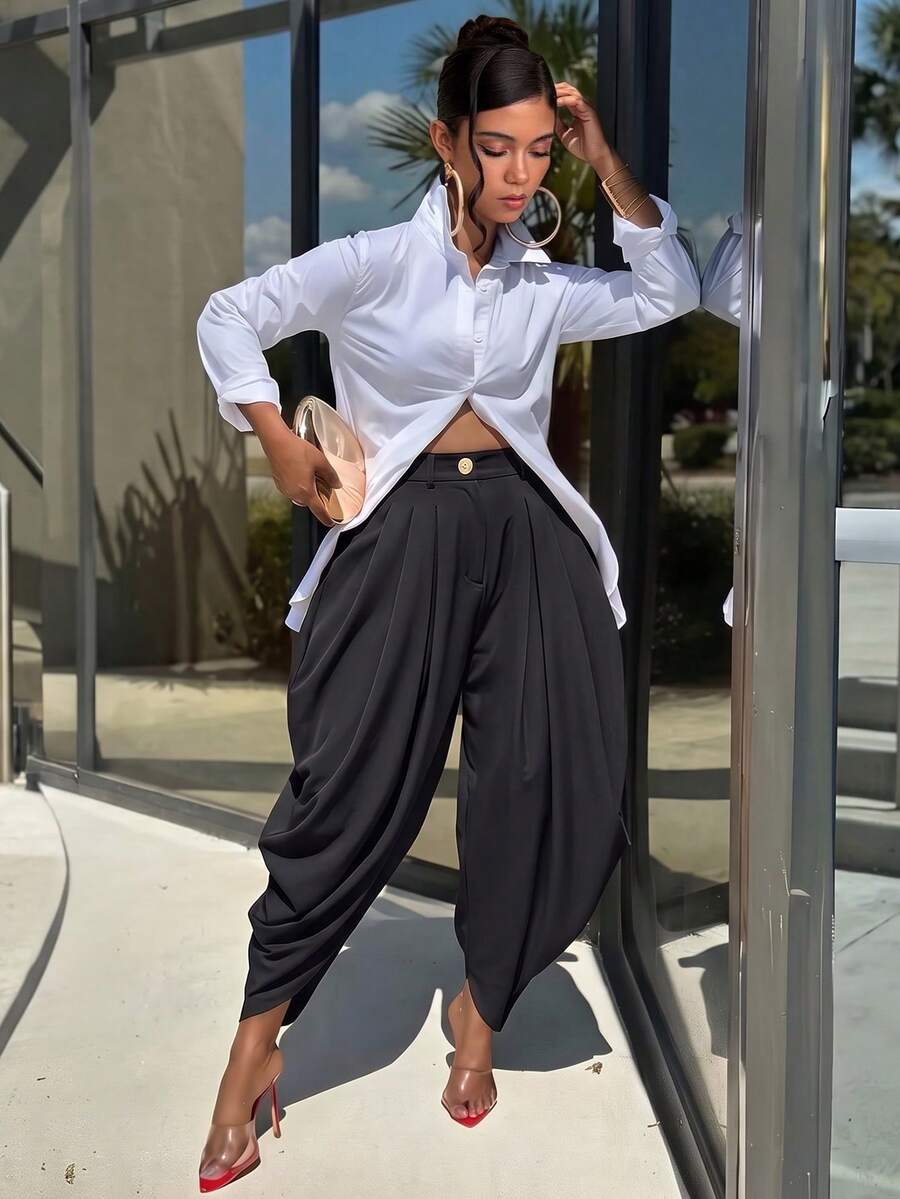 Black High-Waist Pleated Harem Pants, Asymmetrical Ruched Ankle Length Trousers, Loose Hip-Covering Women's Casual Street Style Long Pants - Black - View 1