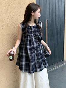YCYC Japanese Vintage Design Plaid Round Neck Shirt Women Summer Loose Sleeveless Casual Babydoll Blouse Top - Navy Blue - View 4