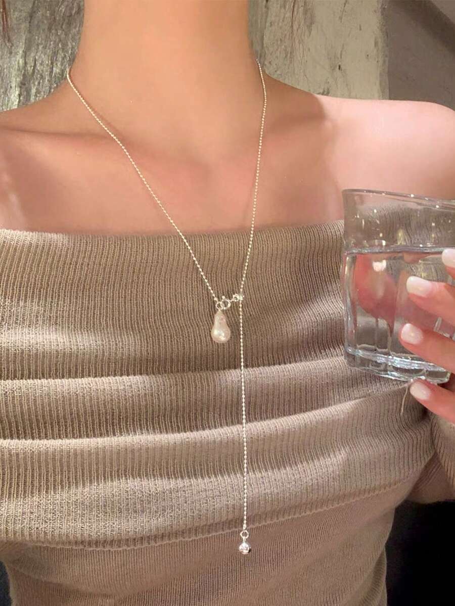 法式不對稱巴洛克珍珠拉鍊鈦鋼項鍊 女款 奢華小眾高端圓珠鎖骨鍊
