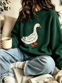 Women's Plus Size Sweater, Goose Pattern, Comfortable Autumn/Winter Women's Clothing, Long Sleeve Crew Neck - Green - View 1