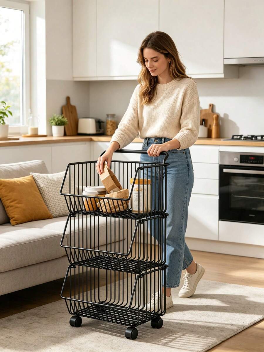 4 Tier Rolling Storage Cart, Breathable Drainage Mesh Shelves, Slanted Design Easy To Grab, Universal Wheels Organizer For Kitchen Snacks Living Room Bathroom - Random Color - View 1