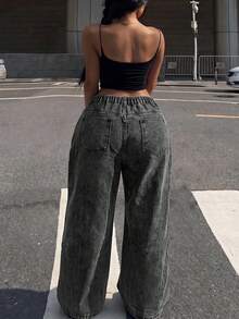 Women's Plus Size Washed Black Denim Boyfriend Style Long Pants, Non-Stretch Fabric, Zipper Closure, Y2K Grunge Style - Grey - View 4