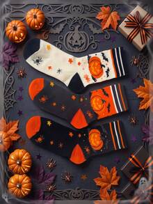 3 Pairs Halloween Pumpkin Bat Crew Socks, Soft Cotton Holiday Printed Casual Socks - Multicolor - View 1