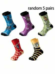 1/3/5 Pairs Men's Cartoon Animal Mid-Calf Socks, Novelty & Fun - Multicolor - View 11