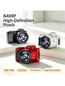 5K 64MP AF Autofocus Digital Vlog Camera, 16X Optical Zoom Compact Point & Shoot Camera, Anti-Shake LED Flash IPS Screen, Type-C Rechargeable Portable Camera For Beginners Travel (Memory Card Not Included) - View 3