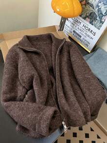 Women's Stand Collar Zip-Up Knit Cardigan Sweater Jacket, Autumn/Winter - Brown - View 2