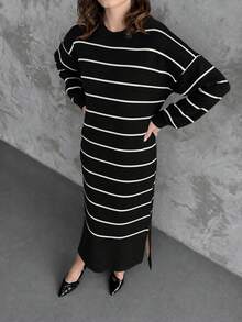 Sweater Dress; Women Striped Pattern Drop Shoulder Polo Neck, 26 Fall/ Winter New - Black - View 5