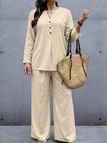 Women's Plus Size Casual Loose 2 Pieces Set, Notched V-Neck - Khaki - View 3