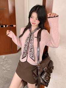 Pink Slouchy Sweet Tie-Knit Sweater Women Autumn/Winter Inner Layer Petite Unique Pretty Outerwear Top - Pink - View 1