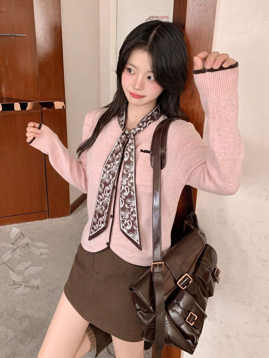 Pink Slouchy Sweet Tie-Knit Sweater Women Autumn/Winter Inner Layer Petite Unique Pretty Outerwear Top - Pink - View 1