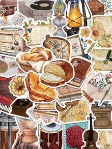 50pcs Vintage Retro Object Stickers For Scrapbooking, Planner, Notebook, Greeting Cards, Envelopes, Guitar, Skateboard, Diary, Luggage, Refrigerator, Window Display, Wardrobe, Holiday Birthday Gift, Study Reward Sticker Decals - Vintage Antique - View 1