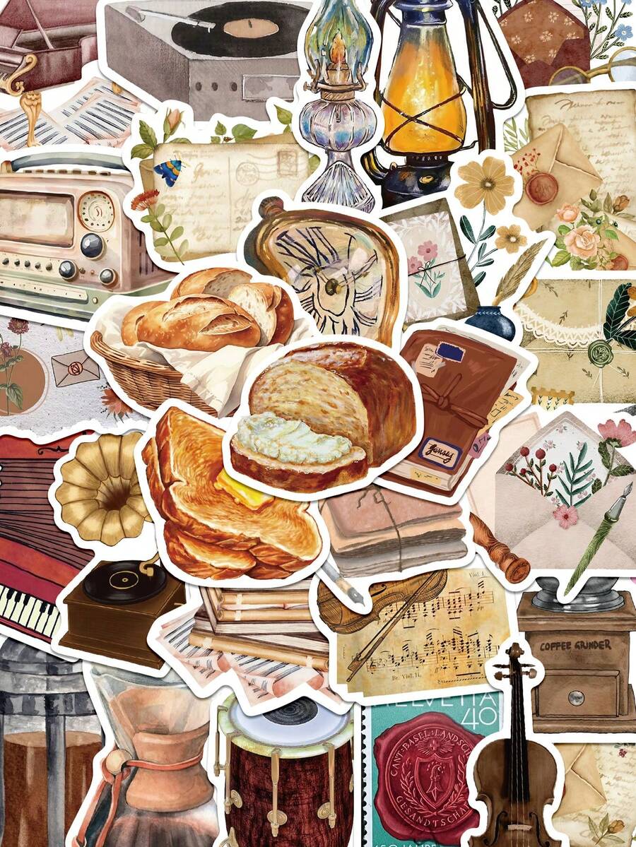 50pcs Vintage Retro Object Stickers For Scrapbooking, Planner, Notebook, Greeting Cards, Envelopes, Guitar, Skateboard, Diary, Luggage, Refrigerator, Window Display, Wardrobe, Holiday Birthday Gift, Study Reward Sticker Decals - Vintage Antique - View 1