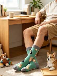 1 đôi tất nam cổ trung bình họa tiết chó Corgi hoạt hình, tất unisex in Corgi vui nhộn độc đáo, tất thường ngày đa năng phù hợp mặc hằng ngày - Nhiều màu - Xem 3