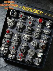 10pcs Unisex Vintage Punk Gothic Skull Bat Geometric Ring Set, Personalized Hip Hop Style Party Gift Daily Jewelry Accessories Random Styles - 10-piece Assorted Vintage Punk Ring Set - View 1