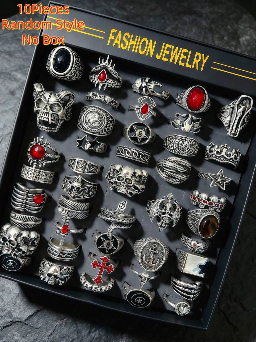 10pcs Unisex Vintage Punk Gothic Skull Bat Geometric Ring Set, Personalized Hip Hop Style Party Gift Daily Jewelry Accessories Random Styles - 10-piece Assorted Vintage Punk Ring Set - View 1