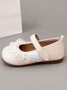 New Minimalist Light Beige Girls' Mary Jane Flats, Round Toe With Lace Decor And Convenient Hook And Loop Closure, Breathable Durable Non-Slip Rubber Sole, Children's Flat Shoes Suitable For Daily Wear, Vacation, Party, Holiday And Celebration Outfits - Beige - View 8