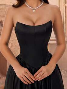 Fall Winter Elegant Black Strapless Satin Corset A-Line Maxi Ball Evening Gown, Lace Up Back Formal Dress For Party Prom Wedding Guest Banquet - Black - View 2