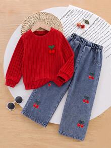 2pcs/Set Pakaian Kasual Anak Perempuan: Pullover Rajut Lengan Panjang Bergaris Motif Ceri Manis + Celana Denim Bordir Ceri, Set Ceri Merah Lucu untuk Anak Perempuan, Cocok untuk Pakaian Luar Ruangan Musim Gugur dan Musim Dingin - Merah - View 1