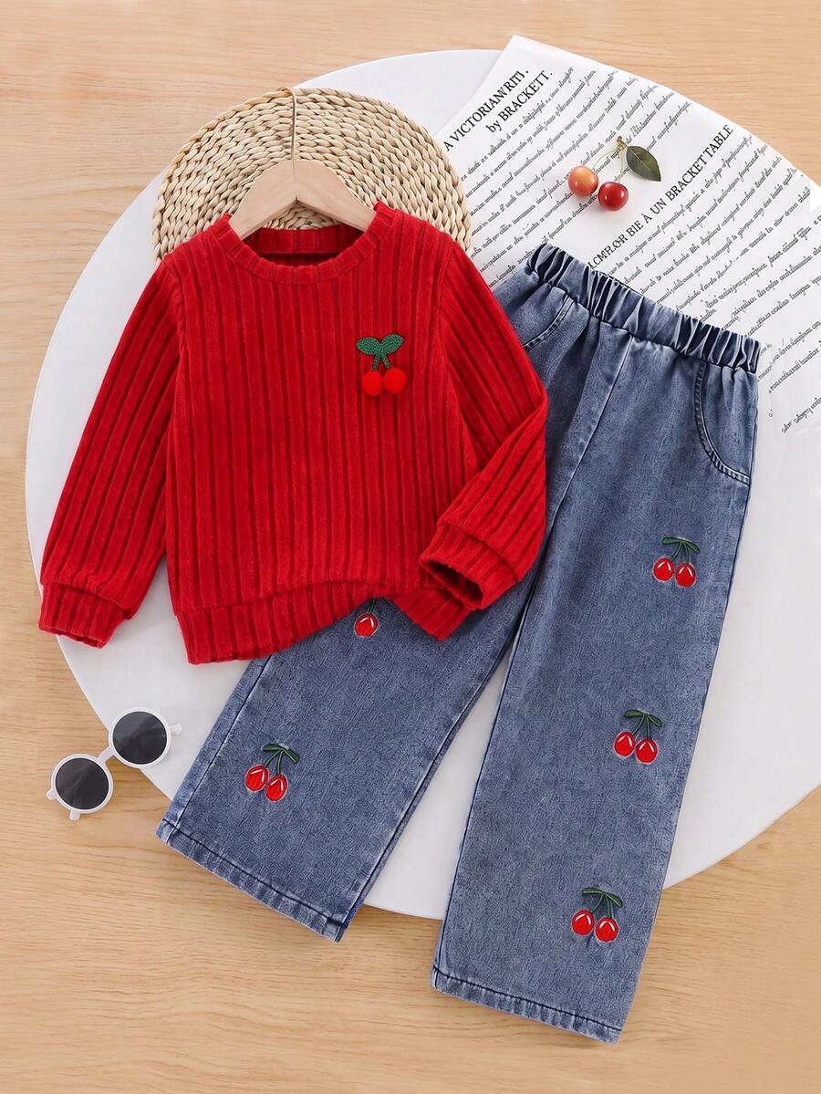 2pcs/Set Pakaian Kasual Anak Perempuan: Pullover Rajut Lengan Panjang Bergaris Motif Ceri Manis + Celana Denim Bordir Ceri, Set Ceri Merah Lucu untuk Anak Perempuan, Cocok untuk Pakaian Luar Ruangan Musim Gugur dan Musim Dingin - Merah - View 1